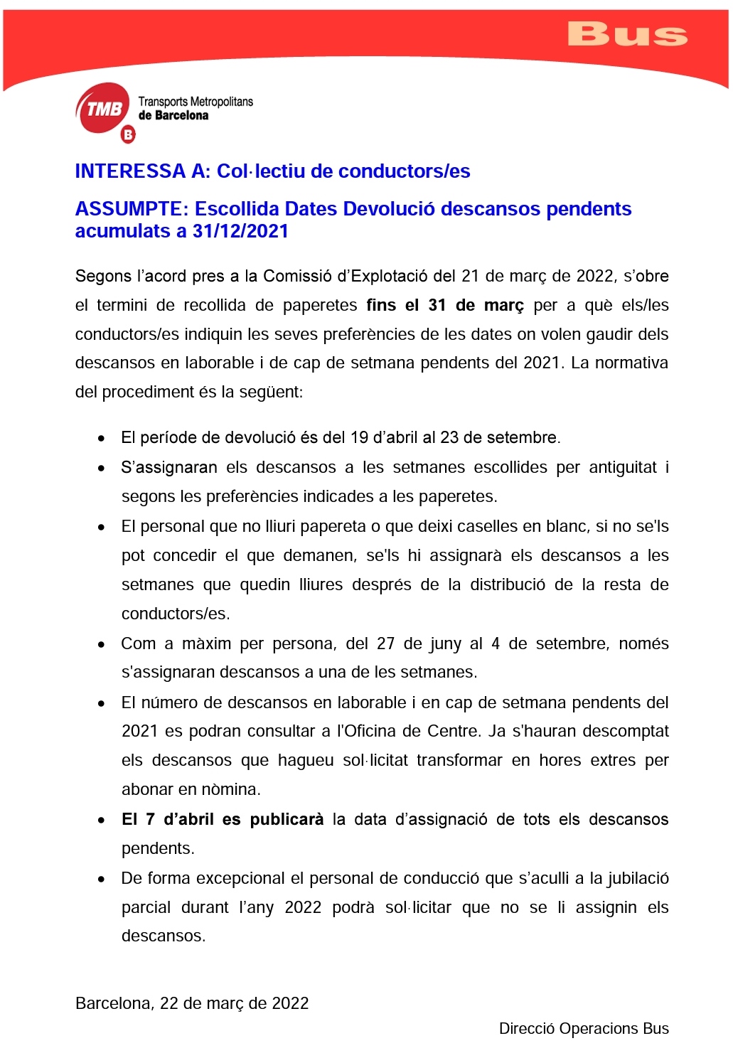 Aviso devolucion de descansos