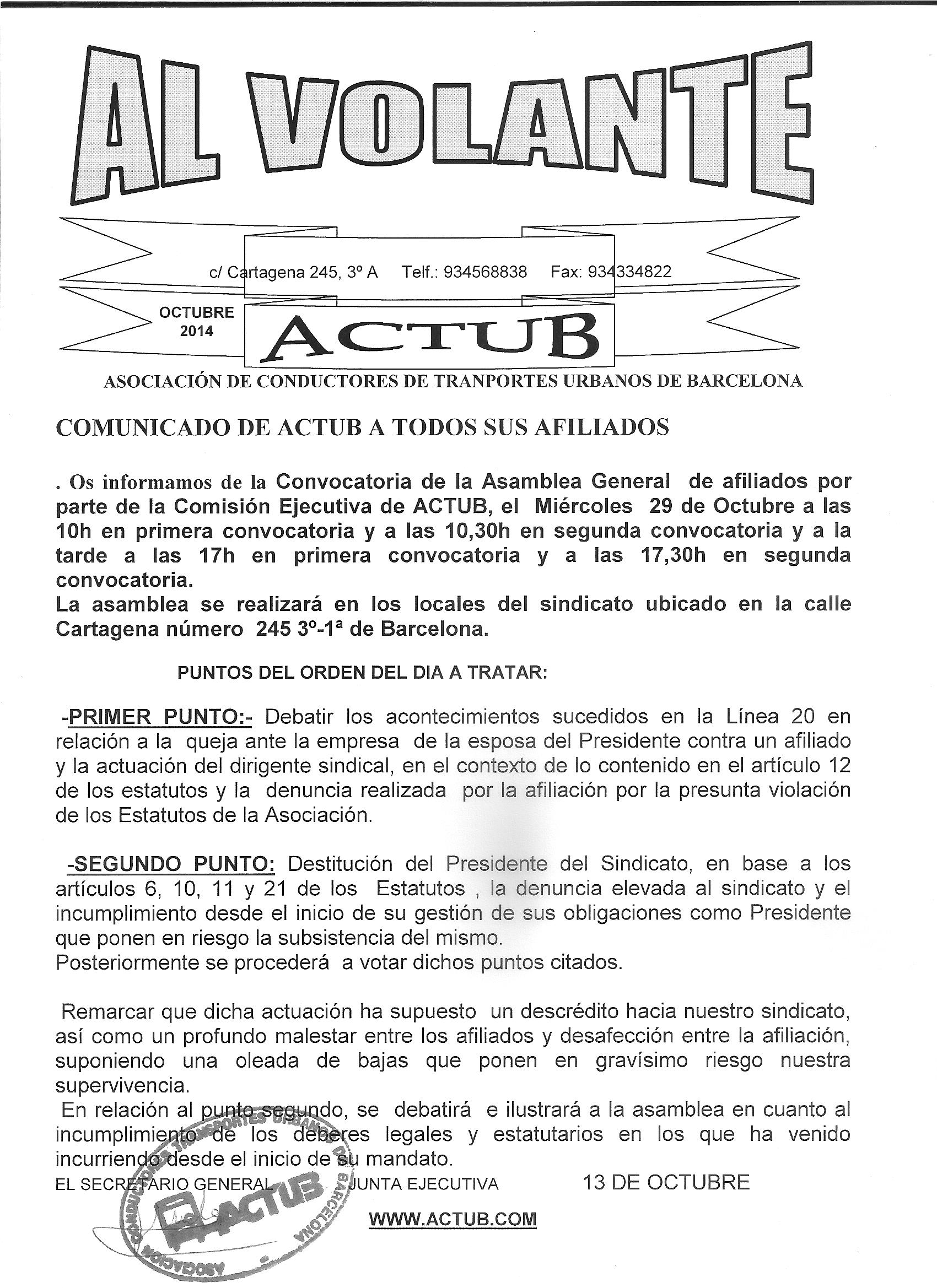 AL VOLANTE ASAMBLEA MIERCOLES 29OCTUBRE´14